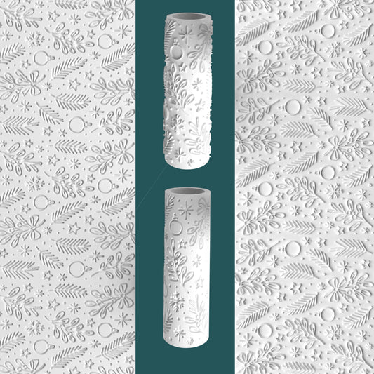 Decorative cylindrical vase with embossed patterns on a white background with similar patterns.