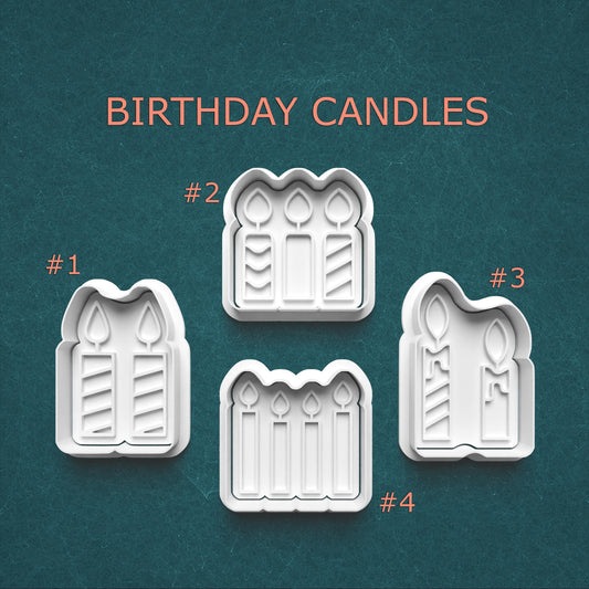 Four different designs of birthday candle-shaped cookie cutters on a teal background with 'Birthday Candles' text.