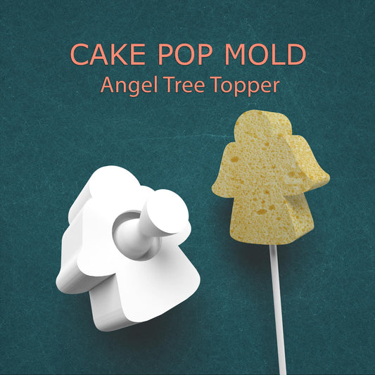 Cake pop mold shaped like an angel tree topper on a teal background