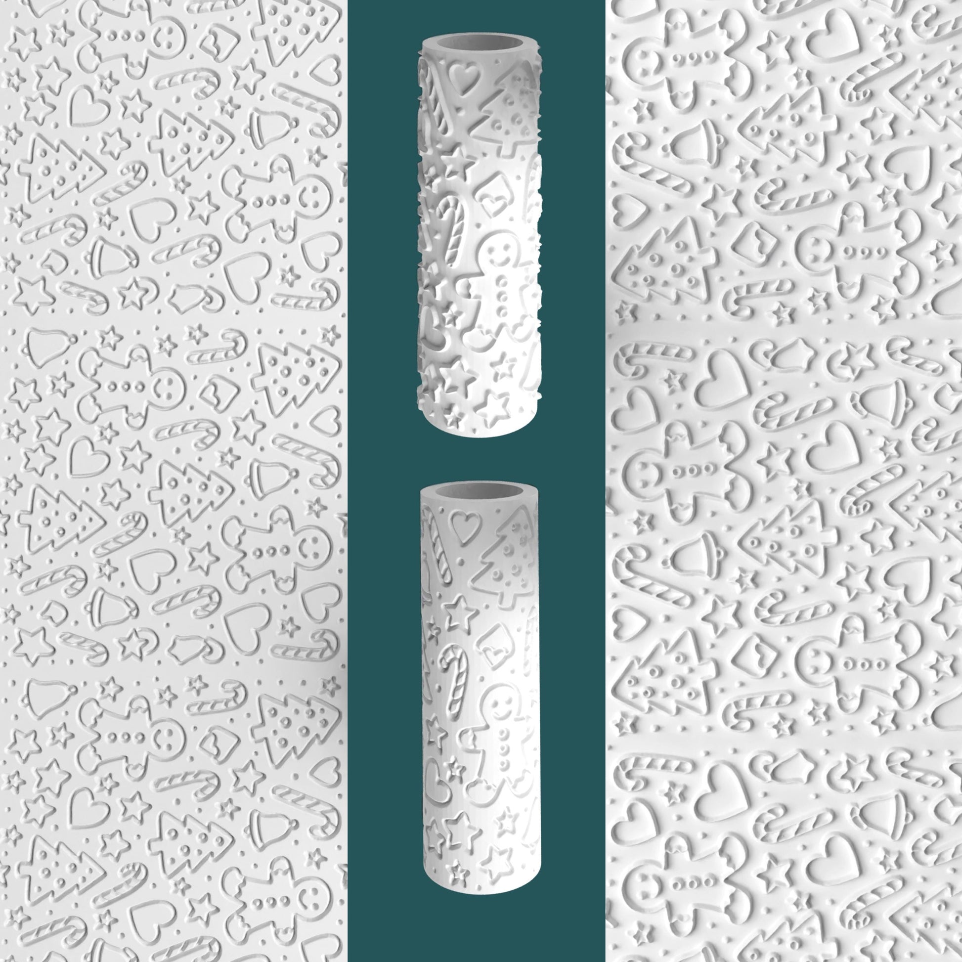 Two cylindrical cookie cutters with embossed designs on a white background
