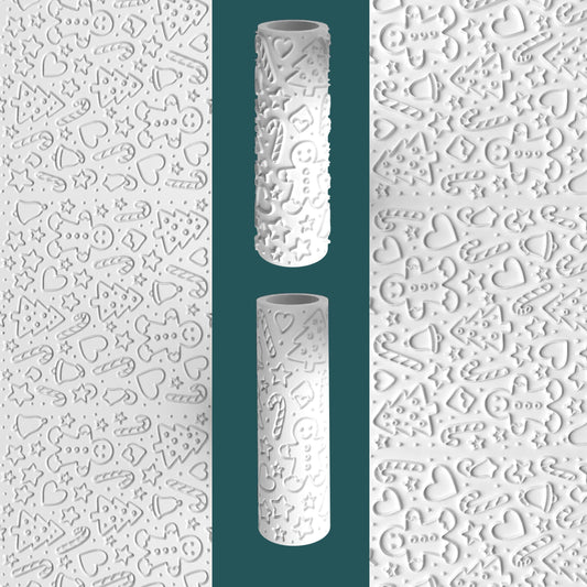 Two cylindrical cookie cutters with embossed designs on a white background