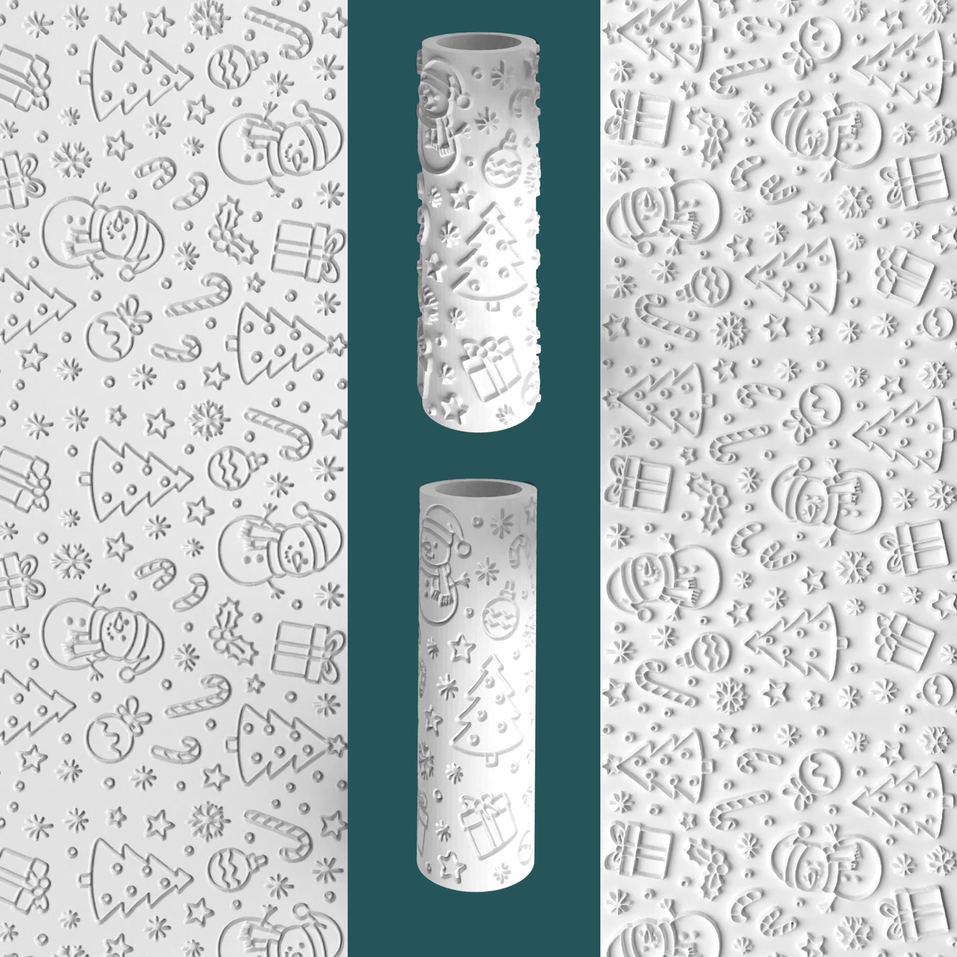 Decorative rolls with Christmas patterns and two cylindrical paper rolls.