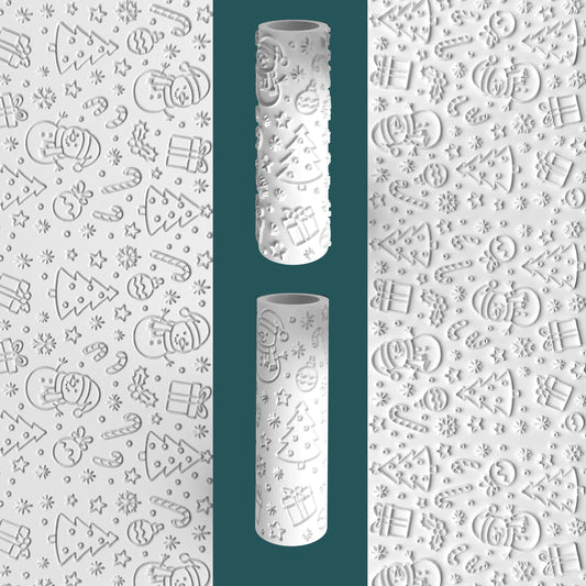 Decorative rolls with Christmas patterns and two cylindrical paper rolls.